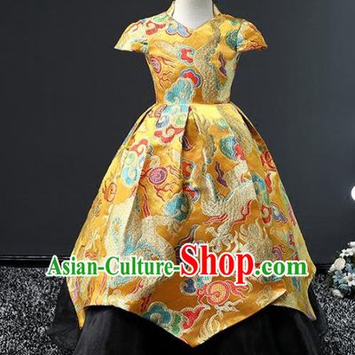 Top Grade Compere Stage Performance Costumes Children Catwalks Embroidered Dragon Cheongsam Modern Fancywork Full Dress for Kids