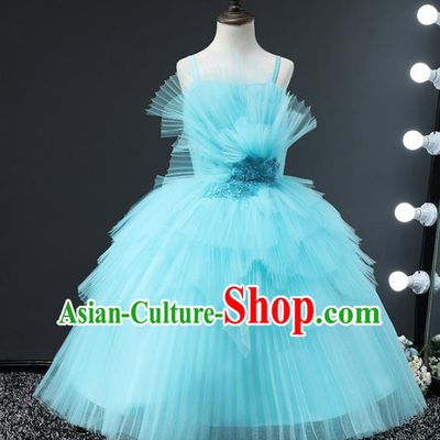 Top Grade Compere Stage Performance Costumes Children Catwalks Blue Bubble Dress Modern Fancywork Full Dress for Kids