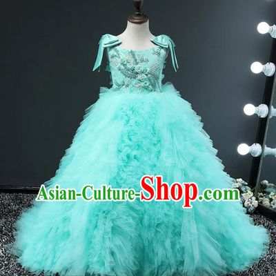 Top Grade Compere Stage Performance Costumes Children Catwalks Green Mullet Dress Modern Fancywork Full Dress for Kids