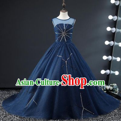 Top Grade Compere Costumes Children Stage Performance Catwalks Deep Blue Mullet Dress Modern Fancywork Full Dress for Kids