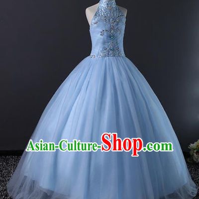 Top Grade Compere Costumes Children Stage Performance Catwalks Blue Bubble Dress Modern Fancywork Full Dress for Kids
