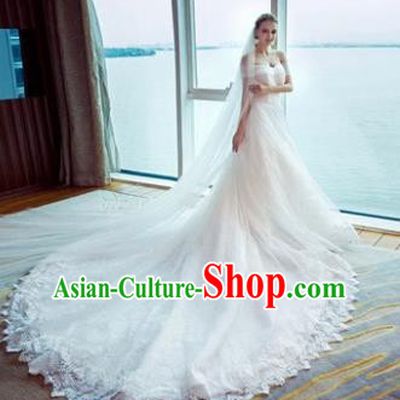 Top Grade Advanced Customization White Veil Trailing Evening Dress Wedding Dress Compere Bridal Full Dress for Women