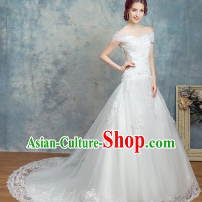 Top Grade Advanced Customization Trailing Evening Dress White Veil Wedding Dress Compere Bridal Full Dress for Women