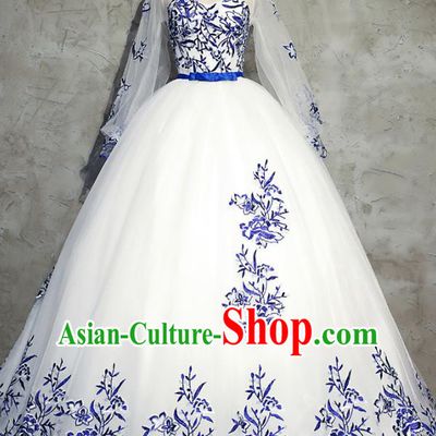 Top Grade Advanced Customization Embroidered Evening Dress White Veil Wedding Dress Compere Bridal Full Dress for Women