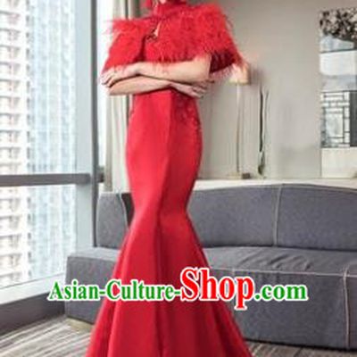 Top Grade Advanced Customization Mermaid Evening Dress Red Satin Wedding Dress Compere Bridal Full Dress for Women