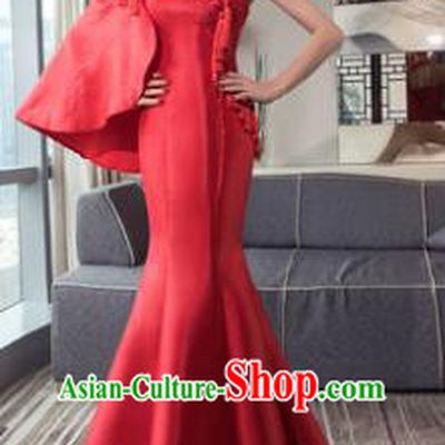 Top Grade Advanced Customization Single Shoulder Mermaid Evening Dress Red Satin Wedding Dress Compere Bridal Full Dress for Women