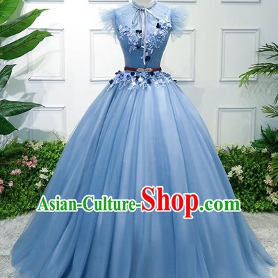 Top Grade Wedding Costume Evening Dress Advanced Customization Blue Bubble Dress Compere Bridal Full Dress for Women