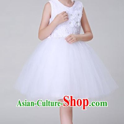 Top Grade Stage Performance Costumes Children Modern Dance White Bubble Dress Modern Fancywork Clothing for Kids