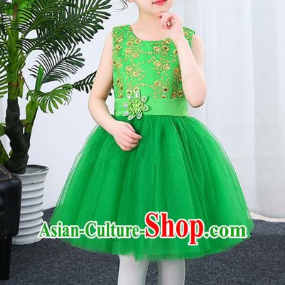 Top Grade Chorus Stage Performance Costumes Children Modern Dance Green Bubble Dress Modern Fancywork Clothing for Kids