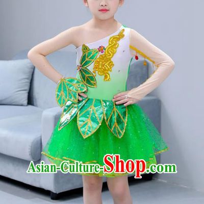 Top Grade Chorus Stage Performance Costumes Children Modern Lotus Dance Green Dress Modern Fancywork Clothing for Kids