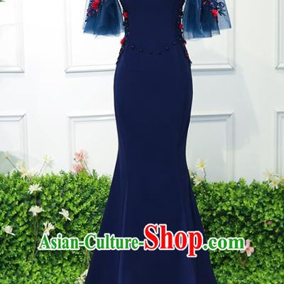 Top Grade Wedding Costume Evening Dress Advanced Customization Blue Mermaid Dress Compere Bridal Full Dress for Women