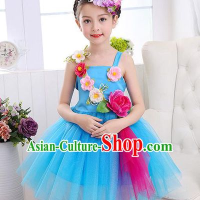 Top Grade Chorus Costumes Children Stage Performance Modern Dance Blue Bubble Dress for Kids