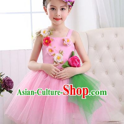 Top Grade Chorus Costumes Children Stage Performance Modern Dance Pink Bubble Dress for Kids