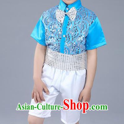 Top Grade Boys Chorus Sequins Costumes Children Compere Modern Dance Blue Clothing for Kids