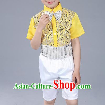 Top Grade Boys Chorus Sequins Costumes Children Compere Modern Dance Yellow Clothing for Kids