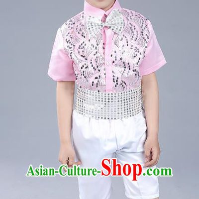Top Grade Boys Chorus Sequins Costumes Children Compere Modern Dance Pink Clothing for Kids