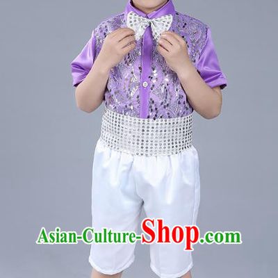 Top Grade Boys Chorus Sequins Costumes Children Compere Modern Dance Purple Clothing for Kids