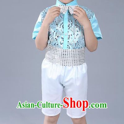 Top Grade Boys Chorus Sequins Costumes Children Compere Modern Dance Light Blue Clothing for Kids