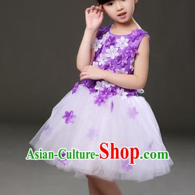 Top Grade Chorus Costumes Children Modern Dance Purple Flowers Bubble Dress for Kids