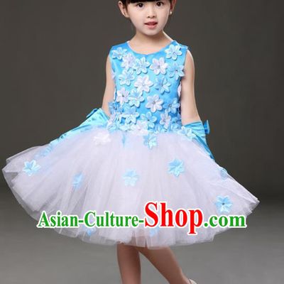 Top Grade Chorus Costumes Children Modern Dance Blue Flowers Bubble Dress for Kids
