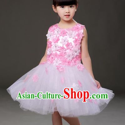 Top Grade Chorus Costumes Children Modern Dance Pink Flowers Bubble Dress for Kids
