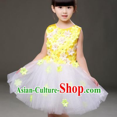 Top Grade Chorus Costumes Children Modern Dance Yellow Flowers Bubble Dress for Kids
