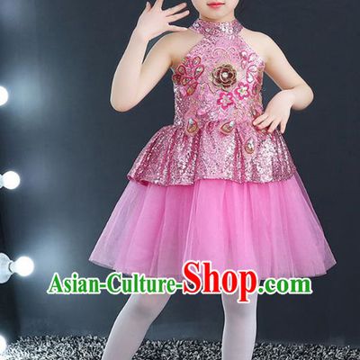Top Grade Chorus Costumes Children Modern Dance Pink Sequin Bubble Dress for Kids