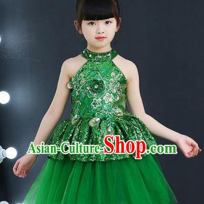 Top Grade Chorus Costumes Children Modern Dance Green Sequin Bubble Dress for Kids
