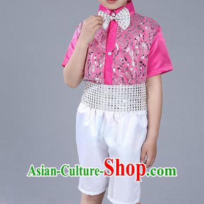 Top Grade Boys Chorus Sequins Costumes Children Compere Modern Dance Rosy Clothing for Kids