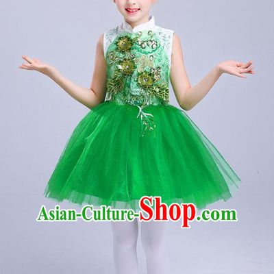 Top Grade Chorus Costumes Children Modern Dance Embroidered Paillette Green Bubble Dress for Kids