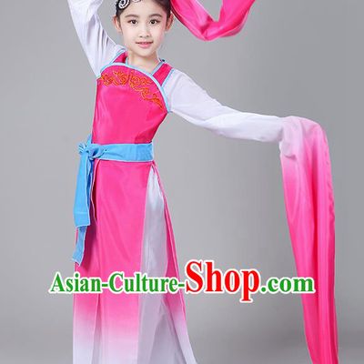 Chinese Traditional Folk Dance Costumes Children Classical Dance Yangko Water Sleeve Rosy Clothing for Kids