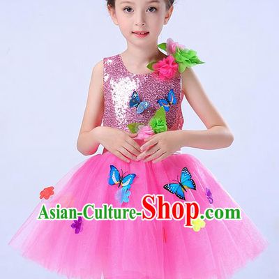 Top Grade Chorus Stage Performance Costumes Children Modern Dance Butterfly Clothing Pink Veil Bubble Dress for Kids