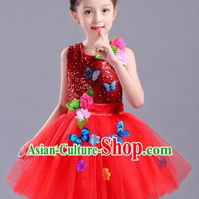 Top Grade Chorus Stage Performance Costumes Children Modern Dance Butterfly Clothing Red Veil Bubble Dress for Kids