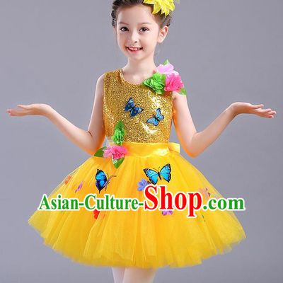 Top Grade Chorus Stage Performance Costumes Children Modern Dance Butterfly Clothing Yellow Veil Bubble Dress for Kids