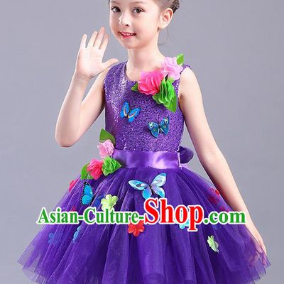 Top Grade Chorus Stage Performance Costumes Children Modern Dance Butterfly Clothing Purple Veil Bubble Dress for Kids