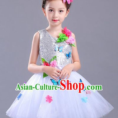 Top Grade Chorus Stage Performance Costumes Children Modern Dance Butterfly Clothing White Veil Bubble Dress for Kids