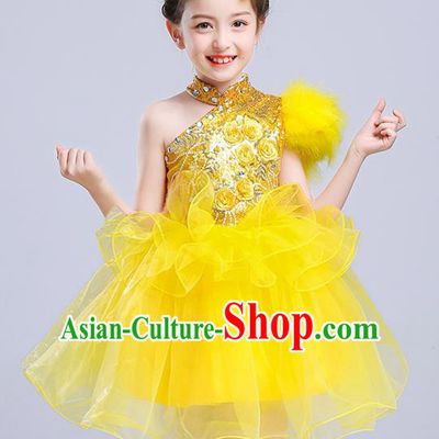 Top Grade Chorus Stage Performance Costumes Yellow Veil Bubble Dress Children Modern Dance Clothing for Kids