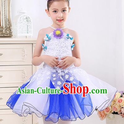 Top Grade Chorus Stage Performance Costumes Girls White Veil Bubble Dress Children Modern Dance Clothing for Kids
