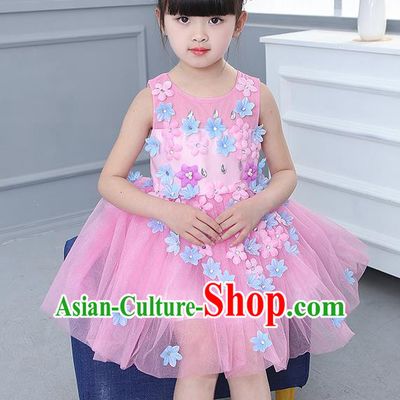 Top Grade Chorus Stage Performance Costumes Flower Fairy Pink Veil Bubble Dress Children Modern Dance Clothing for Kids