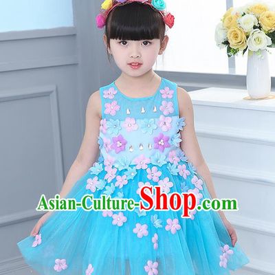 Top Grade Chorus Stage Performance Costumes Flower Fairy Blue Veil Bubble Dress Children Modern Dance Clothing for Kids