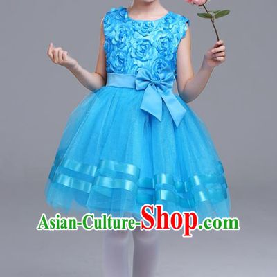 Top Grade Chorus Stage Performance Costumes Flower Fairy Blue Rose Bubble Dress Children Modern Dance Clothing for Kids
