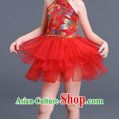 Chinese Traditional Folk Dance Costumes Red Bubble Dress Children Classical Dance Tang Suit Cheongsam for Kids