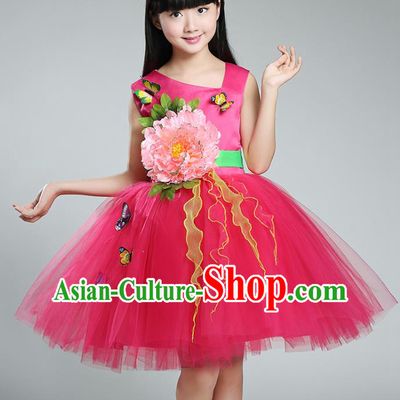 Top Grade Chorus Stage Performance Costumes Peony Flower Rosy Bubble Dress Children Modern Dance Clothing for Kids