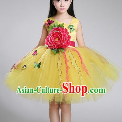 Top Grade Chorus Stage Performance Costumes Peony Flower Yellow Bubble Dress Children Modern Dance Clothing for Kids