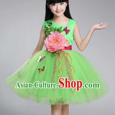 Top Grade Chorus Stage Performance Costumes Peony Flower Green Bubble Dress Children Modern Dance Clothing for Kids