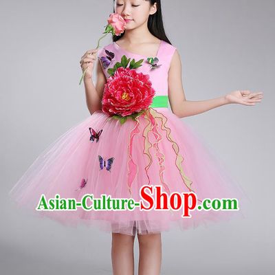 Top Grade Chorus Stage Performance Costumes Peony Flower Pink Bubble Dress Children Modern Dance Clothing for Kids