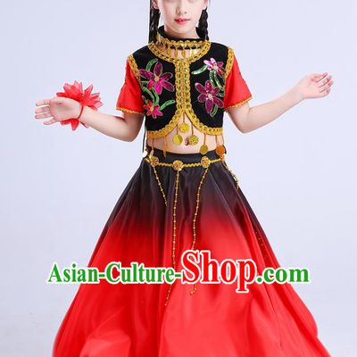 Chinese Traditional Folk Dance Costumes Uyghur Nationality Dance Red Dress Children Classical Dance Clothing for Kids