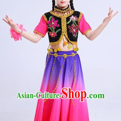 Chinese Traditional Folk Dance Costumes Uyghur Nationality Dance Pink Dress Children Classical Dance Clothing for Kids
