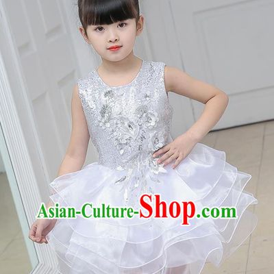 Top Grade Chorus Costumes Stage Performance White Sequins Bubble Dress Children Modern Dance Clothing for Kids