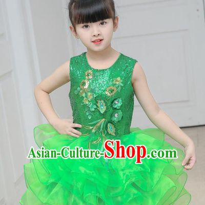 Top Grade Chorus Costumes Stage Performance Green Sequins Bubble Dress Children Modern Dance Clothing for Kids